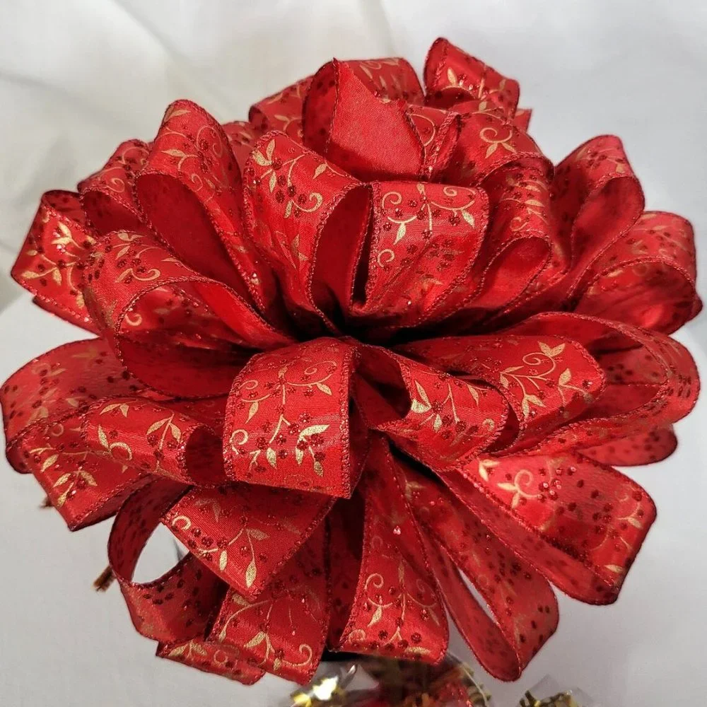 Christmas Tree Bow Topper, Red w/Gold‎ Pattern Bow Tree Topper 44 Loop 10 Inch